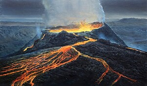 Ilustrace lávového jezírka islandské erupce Geldingadalir (olejomalba J. Svoboda)